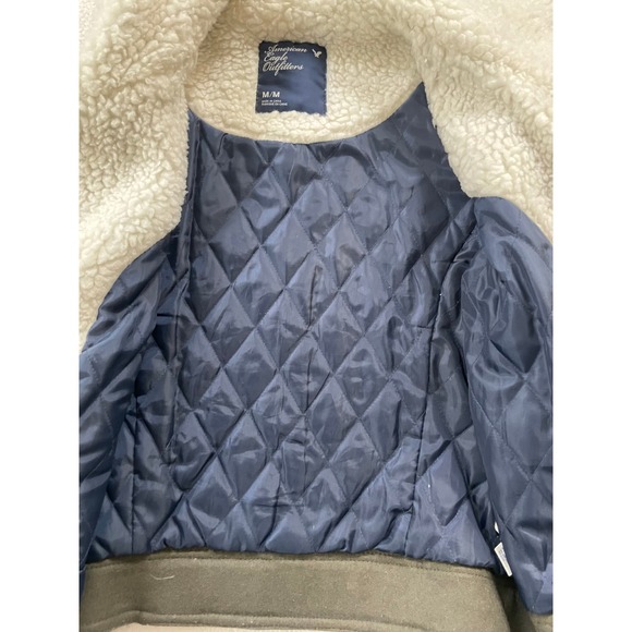American Eagle Womens Medium Bomber Jacket Olive Green Wool Blend Sherpa Quilted - Picture 6 of 16